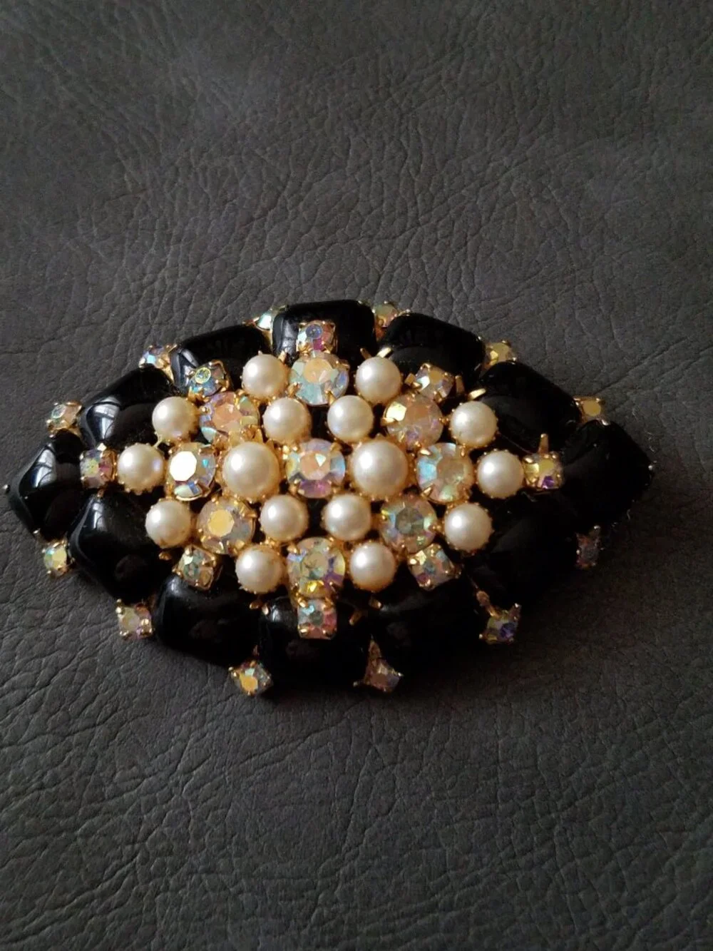 Vintage Black Glass with Faux Pearls and Rhinestone Domed Brooch